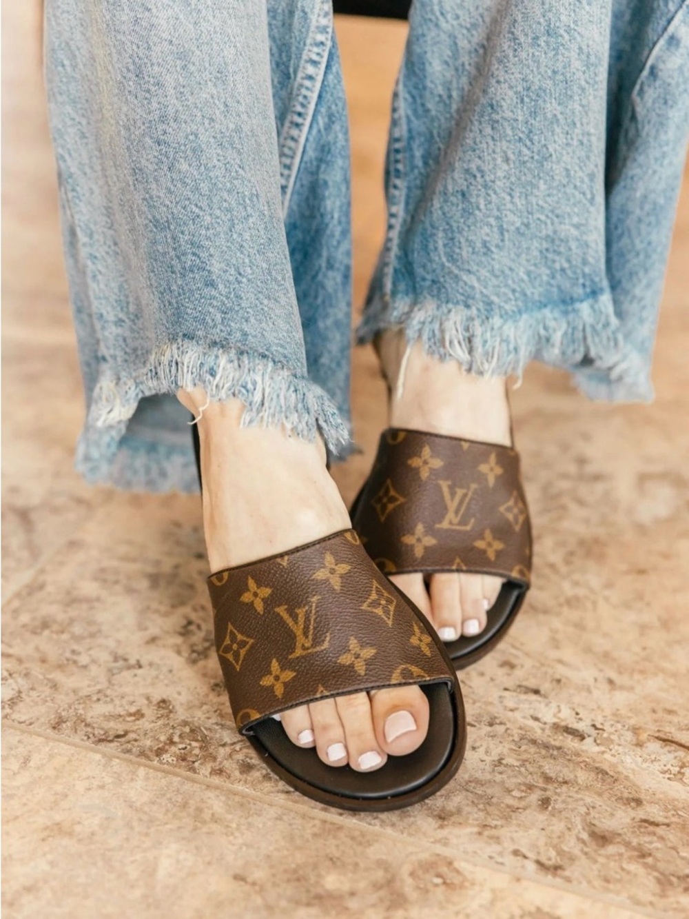 Brown Monogram Slide Sandals - Luxury Logo Mule